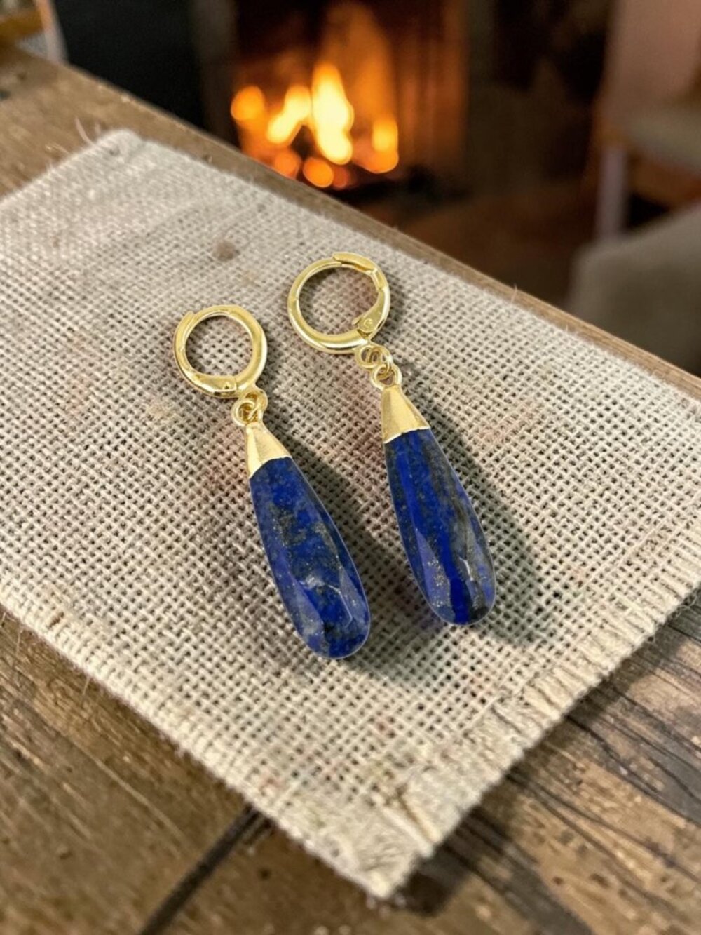 Lapis Lazuli Earrings 18K Gold Filled Hoops Faceted Blue Gemstone Drops - Picture 7 of 10